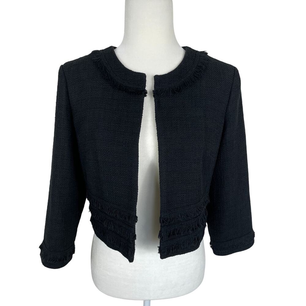 Karl Lagerfeld Paris Tweed Cropped Blazer Jacket Fringe Black Size Small Chic